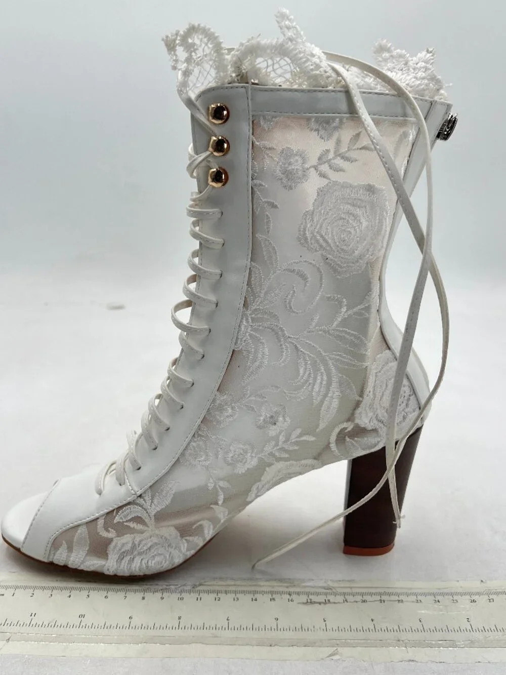White Chunky Heels Women's Mesh Sandals Boots Peep Toe Lace Up Pumps Party Shoes